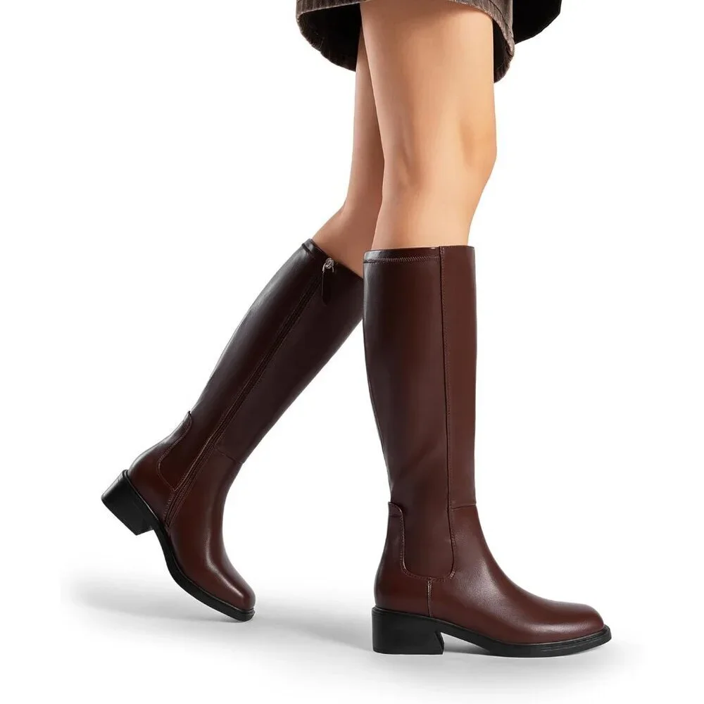 Women's Brown Block Heel Casual Long Knee High Boots Side Zipper Faux Leather